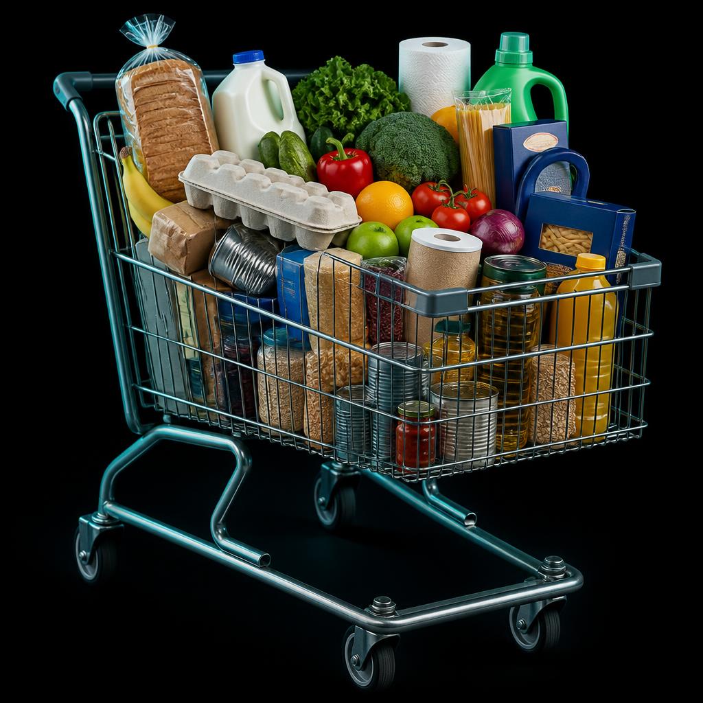 Shopping cart overflowing with groceries including bread, milk, eggs, fresh produce and household essentials